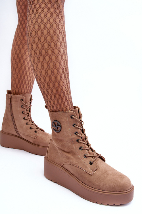 Suede Boots on Massive Platform Wedge Heel Beige Lavica