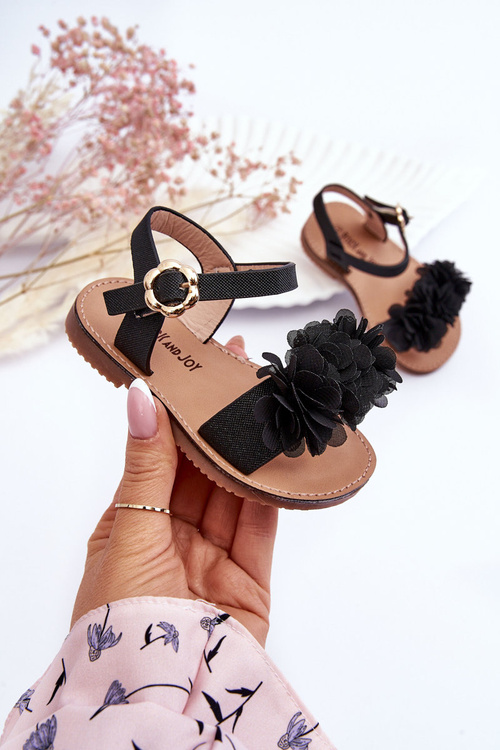 Fashionable Children's Sandals With Flowers Black Poly 
