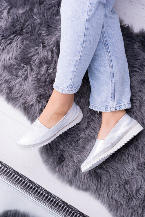 Damskie Srebrne Skórzane Slip On Frela