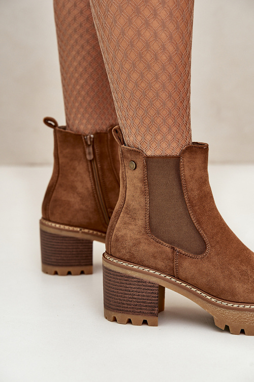 Damskie Botki Na Słupku Ocieplane Eko Zamszowe Brązowe Irissinae