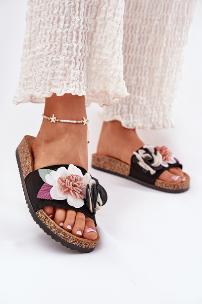 Women's Slides With Flowers On Cork Platform Black Zinrosa