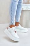 Women's Leather Sneakers On Platform With Pendant And Decorative Flower 89100 White