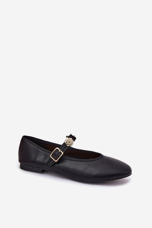 Women's Ballerinas With Strap And Golden Decorations Black Firicene