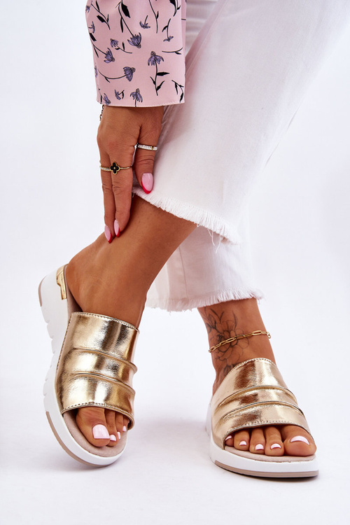 Women's Leather Slippers On A Low Wedge Gold Leona