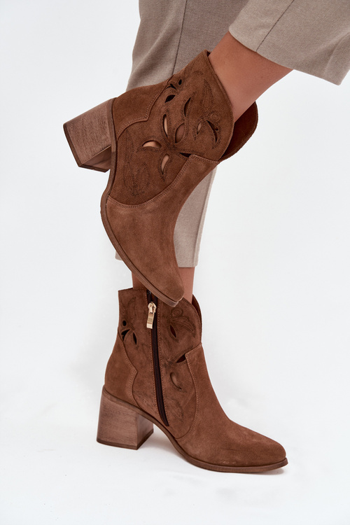 Women's Openwork Ankle Boots Made of Natural Suede on Heel Zazoo 3690 Brown