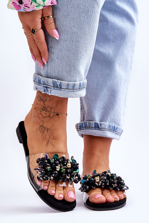 Women's Slippers With Decorative Stones S.Barski KV-576-3 Black