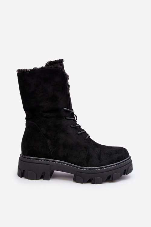 Suede Lace-Up Boots with Faux Fur Workery Black Frendo