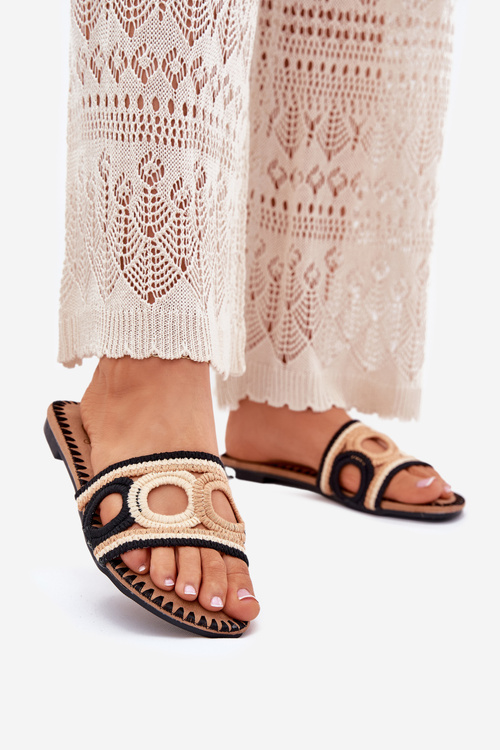 Crocheted Women's Slippers On Flat Heel Black Nirina