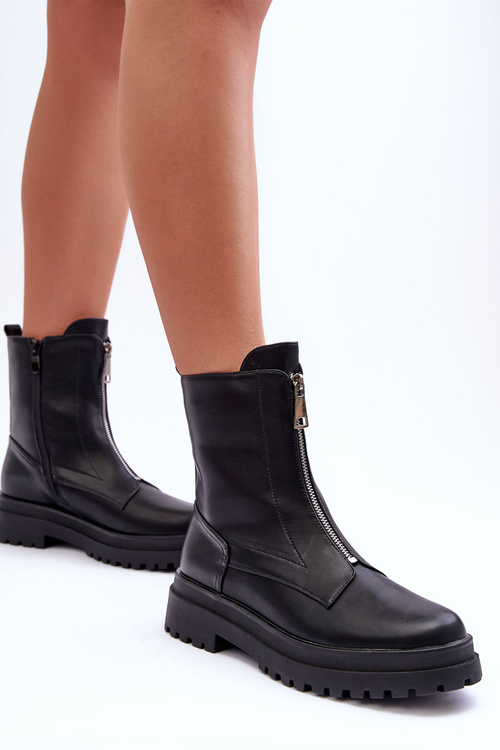 Leather Women's Boots with Zipper Black Chlorike