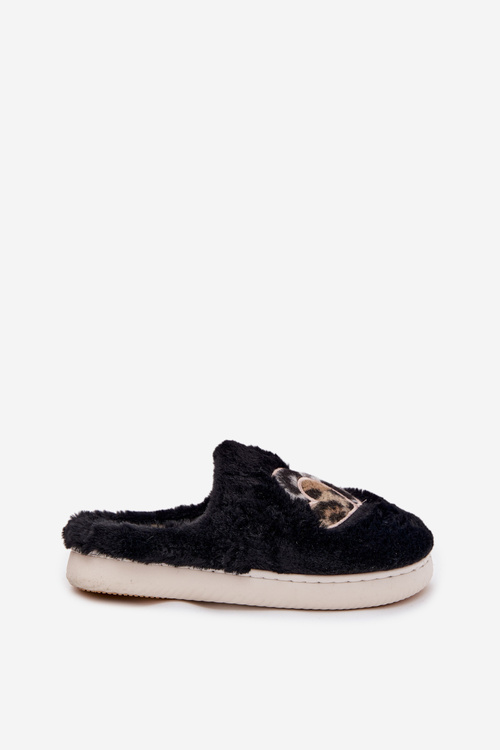 Furry Slippers With Hearts Black Amandra