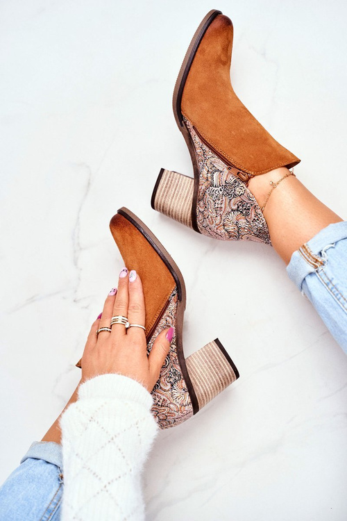 Damskie Skórzane Botki Na Słupku Maciejka Rude 04492-29