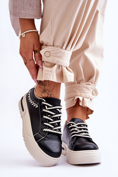 Buty Sportowe Wygodne Damskie Platforma Czarno-Beżowe Devan