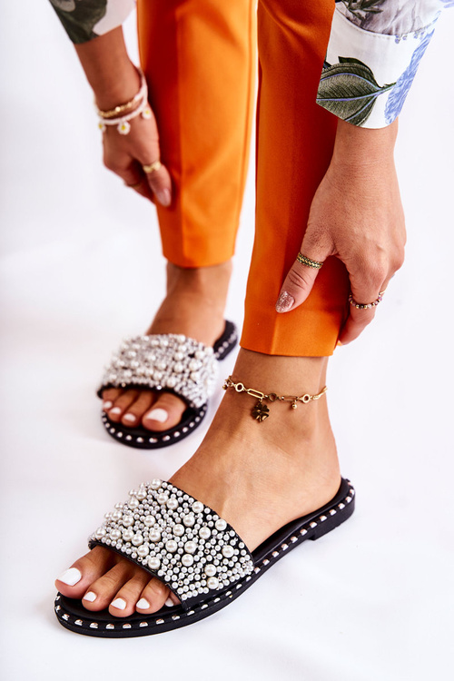 Klapki Damskie Ozdobne Perełki Czarne Vamero