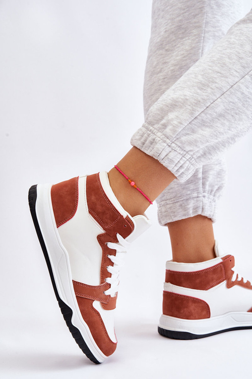 Buty Sportowe Trampki Wysokie Damskie Biało-Camelowe Rumour
