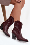 Damskie Botki Obcas Słupek Kowbojki Eko Skórzane Bordowe Sorelia