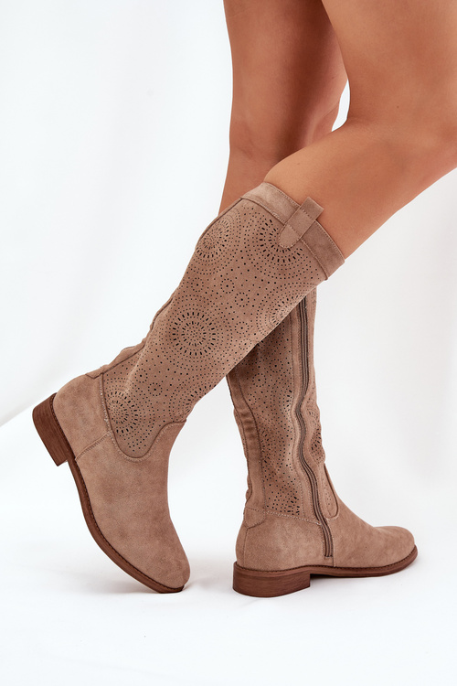 Boots With Perforated Shaft On Flat Heel S.Barski HY51-860 Beige