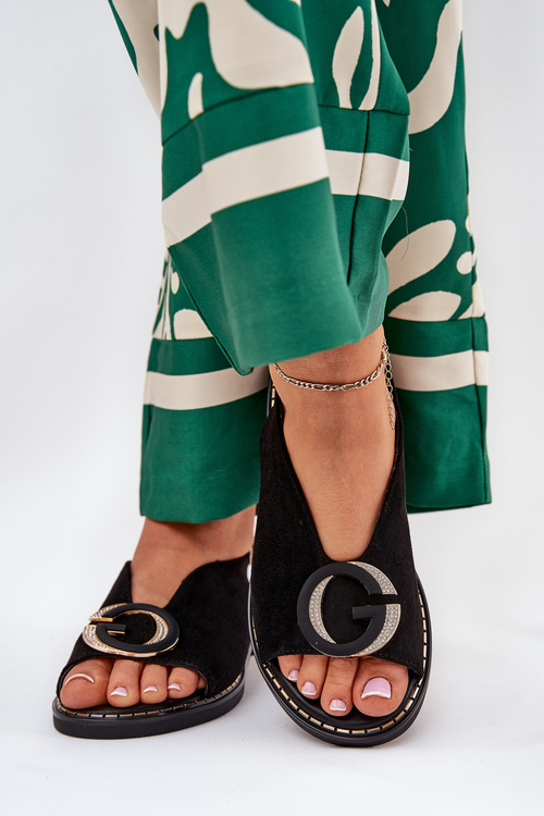 Elegant Women's Sandals with Gold Decoration on Flat Heel Black S.Barski KV27-053