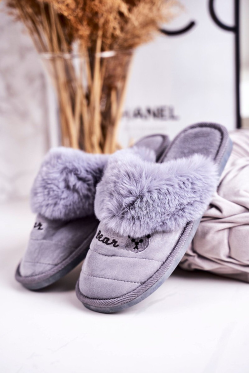 Women's Home Slippers With Fur Grey Teddy