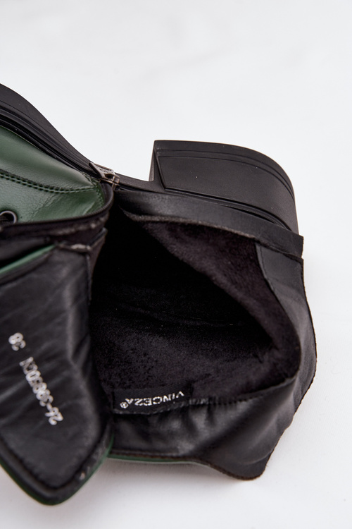 Women's Leather Block Heeled Boots with Lining Vinceza 39950 Dark Green