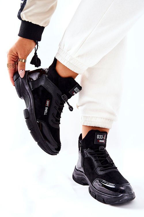 Wysokie Skórzane Ocieplane Buty Sportowe Czarne Merit