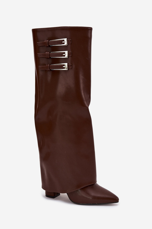 Women's Heeled Boots Turned Shaft Straps With Buckles Chocolate Nirisa