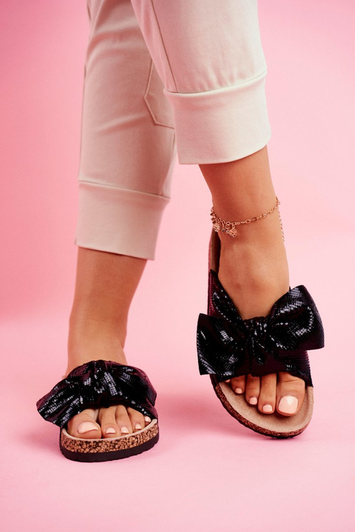 Women's Slides With Big Bow Black Lovely Time