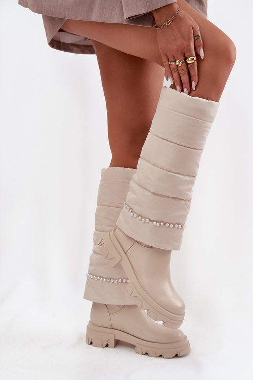 Damskie Kozaki Z Koralikami Ocieplane Jasnobeżowe Irvette