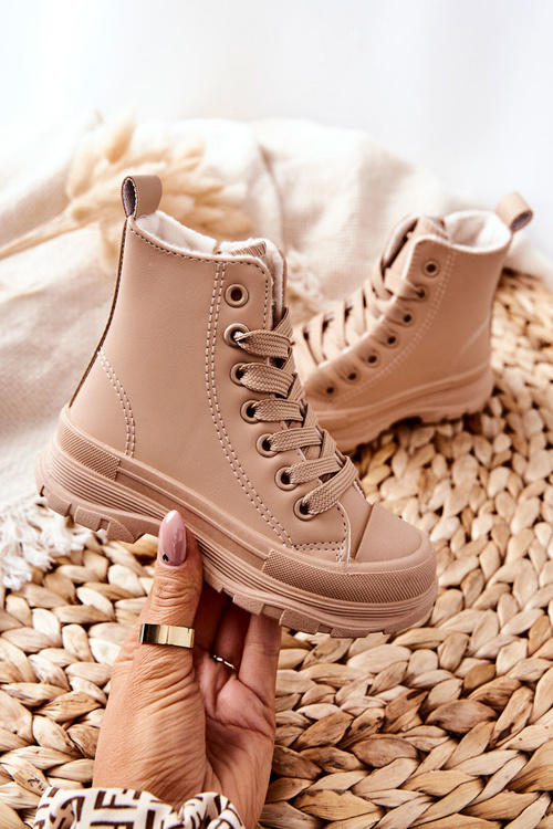 Dziecięce Skórzane Ocieplane Trampki Beżowe Bomi