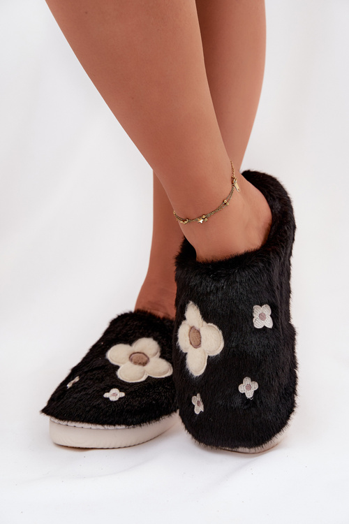 Furry slippers with flowers Black Selinne