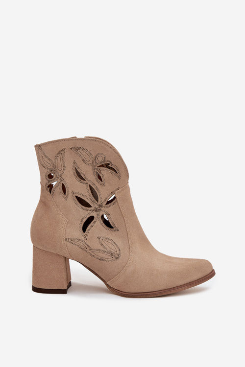 Suede openwork women's ankle boots on heel Zazoo 3647 beige