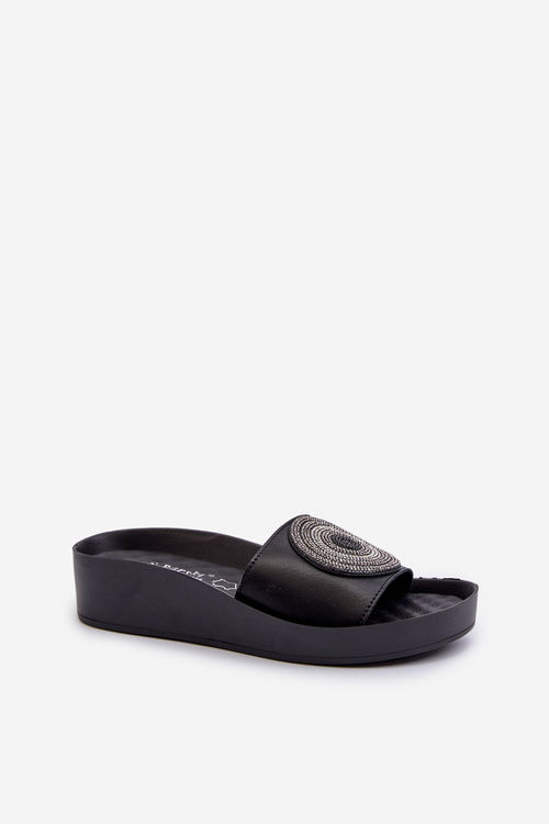 Women's Black Leather Slides with Decoration S.Barski KV27-019