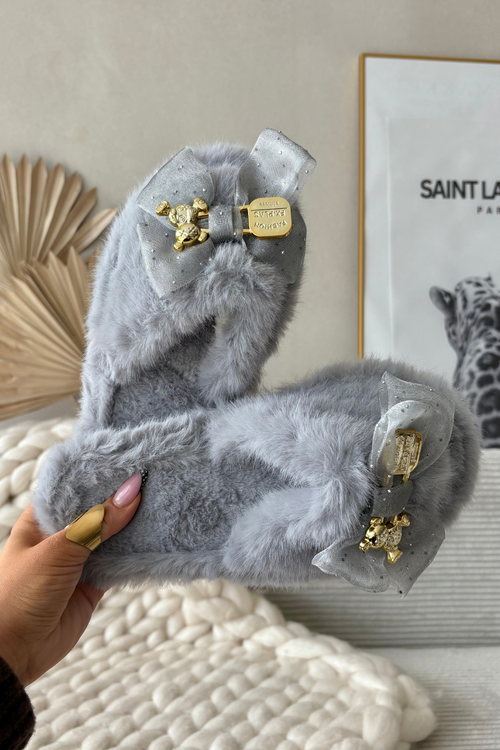 Furry Women's Slippers With Bow And Gold Embellishment Gray Nolara