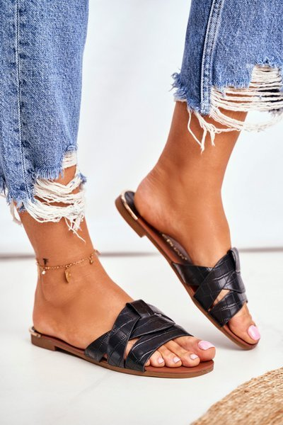 Women's Snake Leather Flip Flops Black Chance