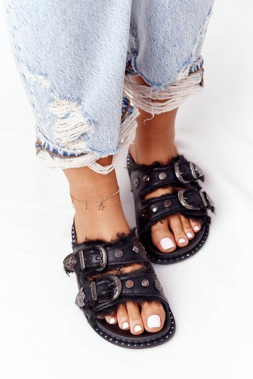 Slippers With Clasps And Fur Black Lydia