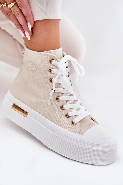 Materiałowe Wysokie Trampki Damskie Na Platformie Beżowe Laviriona