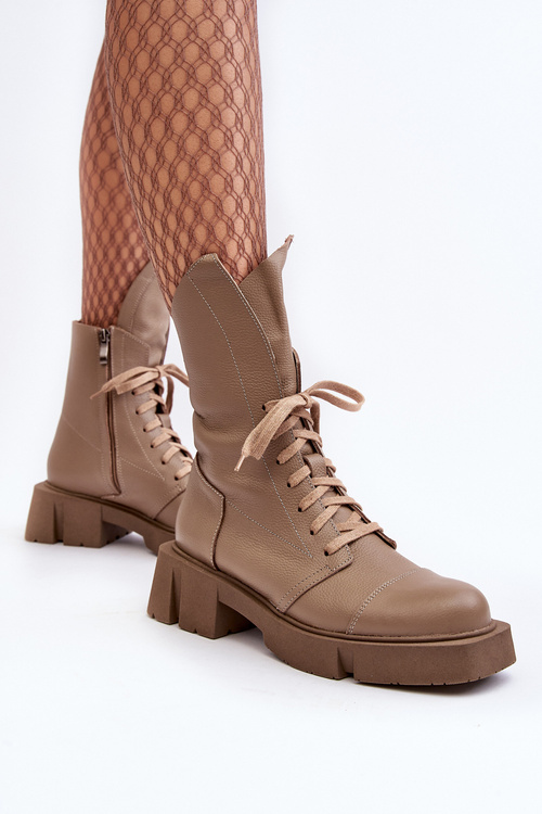 Botki Workery Skóra Masywny Płaski Obcas Ciemnobeżowe Zazoo 976A