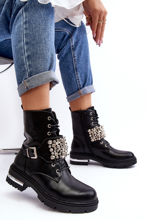 Botki Workery Damskie Zdobione Ocieplane Czarne Lennen NC1186