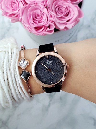 Women's Watch Michael John Evento Black Suede Strap Brocade