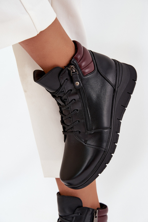 Damskie Botki Skóra Ocieplane Koturn Czarne Vinceza 39963