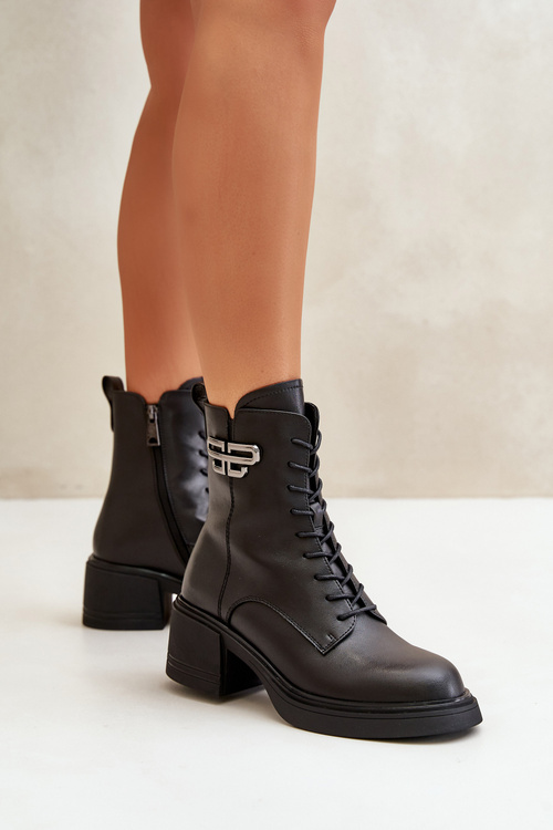 Women's Ankle Boots On Chunky Heels Insulated Made Of Natural Leather Black Vinceza 66682