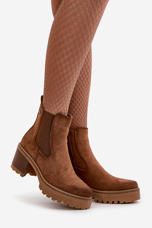 Damskie Botki Na Słupku Ocieplane Eko Zamszowe Brązowe Irissinae