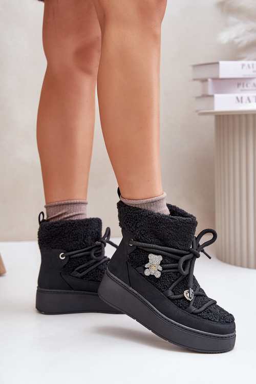 Damskie Śniegowce Na Platformie Z Przypinkami I Futerkiem Czarne Almatiza