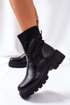 Elastic Fabric Boots Black With Cubic Zirconia XOXO