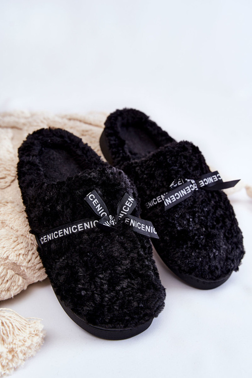 Papcie Damskie Futrzane Kokardka Czarne Ryana