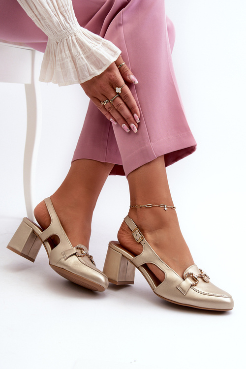 Sandały Damskie Skóra Naturalna Obcas Słupek Złote Maciejka 06419-25