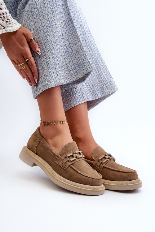 Women's Suede Loafers with Flat Heel and Decoration D&A TW101 Brown