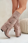 Knee High Heeled Boots With Folded Shaft And Buckles Beige Vamissa