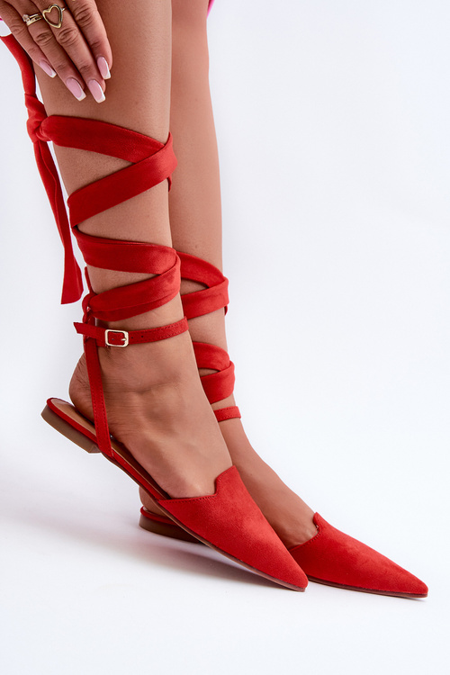 Lace-up ballerina flats in red faux suede with pointed toes Ellesara