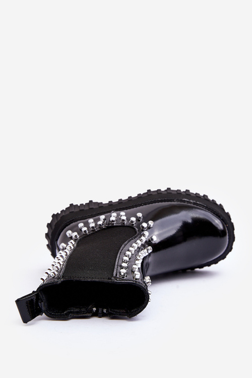 Girls' Shiny Ankle Boots Decorated with Rhinestones Black Adelie