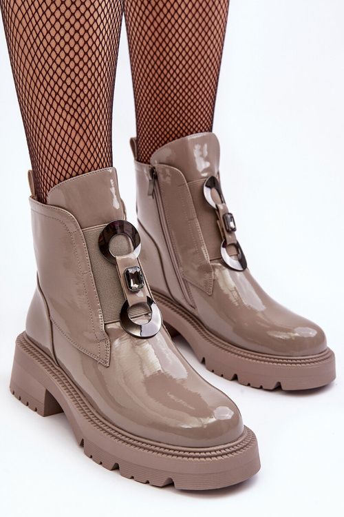 Botki Damskie Lakierowane Ozdoba S.Barski MR870-53 Beżowe